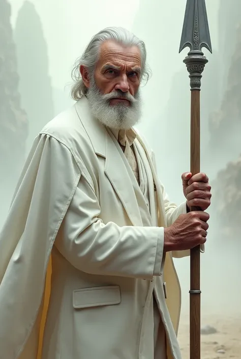 old man with a spear and white suit