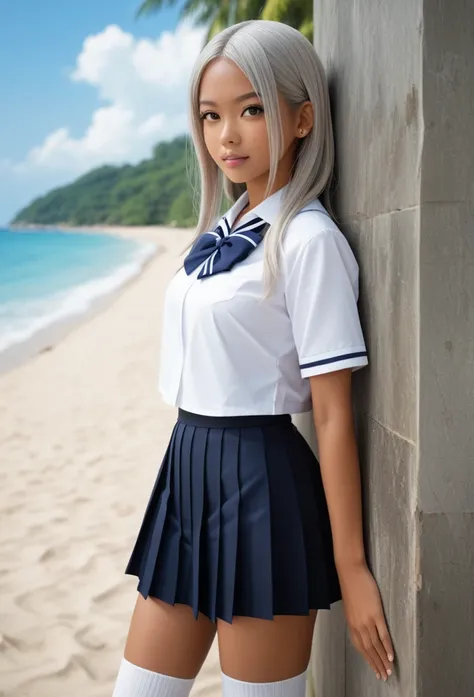 ((Masterpiece)), ((best quality)), ((height)), ((Very detailed CG unity 8k wallpaper.)), alone, Tachibana Kanade, Tan school uniform, black skirt, white socks, outdoor, face, Curtain hair, beach, I parted ways, silver hair