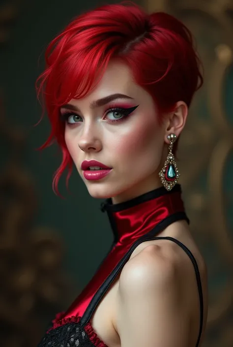 gorgeous woman, red hair, pixie cut, short black and red asymmetric dressLooking at the viewer, 独奏, ​masterpiece, High resolution, anatomically correct, best quality, Multiple awards, super detailed, uhd, textured skin, big boobs, Ringohrringe, open mouth,...