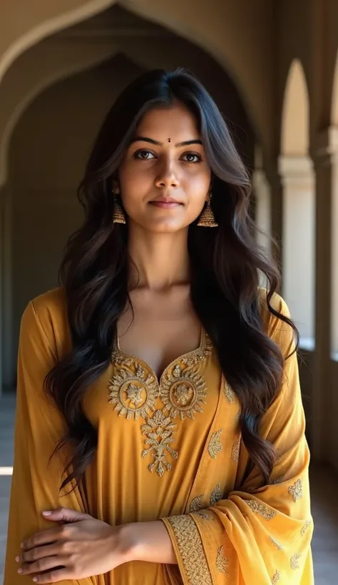 The image shows a young woman with long, dark, flowing hair. She is wearing a mustard yellow traditional outfit with intricate golden embroidery, featuring a detailed border on her dupatta (shawl). Her expression is calm and pleasant, and she is standing i...