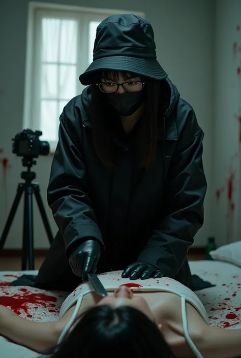 korean girl, (behind stiff, holding knife), black surgical mask, black gloves, glasses, bloody room, black raincoat, bucket hat, holding knife, black gloves, woman on top, behind cadaver, blood splatter, bed room, night, mass murderer, killer, long bangs, ...