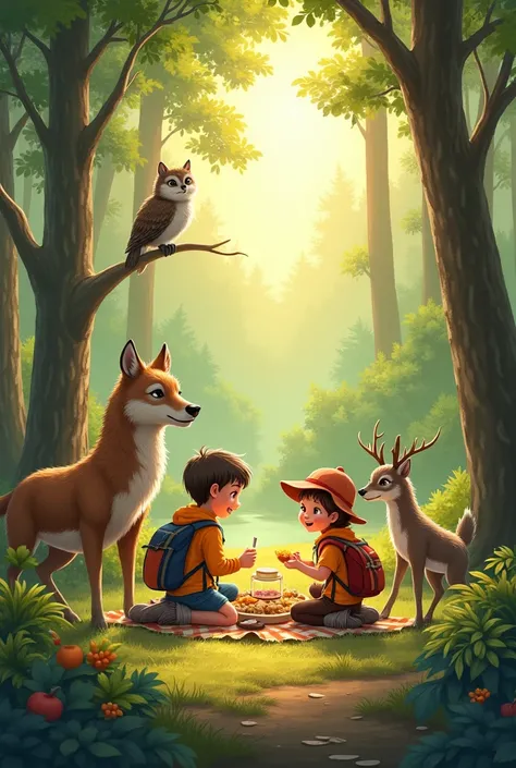 Hiker kids and wolve owl and deer camping in sunny forest eating food 

