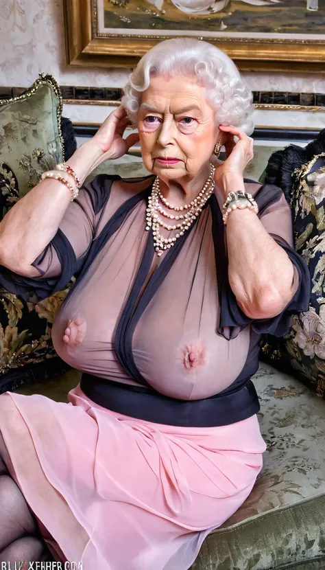 (busty saggy breast), (queen elizabeth 80yo sitting on sofa), (lounging:1.3), (sensual expression:1.4), (both hands on head:1.4), (chiffon sheer pink blouse:1.4) and (black skirt:1.2), cleavage, pearls