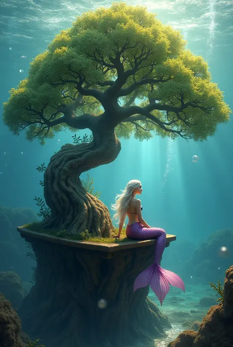 generate a stunning, huge bonsai tree with a beautiful, shimmering purple, gold, and white mermaid sitting on a bench nestled in the branches of the bonsai, surrounded by bubbles underwater.