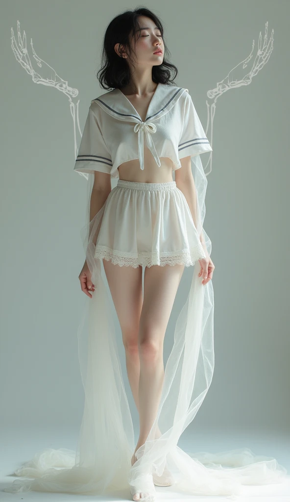 White lingerie　Japanese beauty spreads her legs in an M-shape blush, Sailor suit　skeleton 