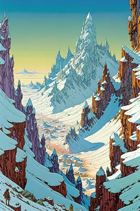 Moebius (Jean Giraud) Style - A picture by Jean Giraud Moebius, the picture shows a dense and steep cluster of snow-capped mountains