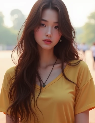 
 **Portrait of a woman**:
   "A realistic portrait of a young woman with long, wavy brown hair. She is wearing a yellow top, and stands in front of a soft, blurred background, in front of a park Her facial expression is gentle and thoughtful.. The same pr...