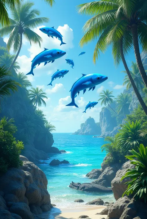 Sea,blue whater,very beautiful full seen,and fish is flying to sky,well is bite,crocodayil,back ground,tree,coconut,4k,HD,full short picture, beautiful picture,