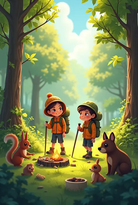 Hiker kids girl and boy and animals of forest camping in sunny forest eating food 

