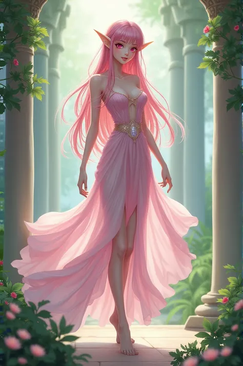 anime, women,manga, Beautiful Elf, White skin, pink eyes and hair, wears a dress, that looks very tall, slim build, She is a princess and must look like a member of high society., kind, that is barefoot