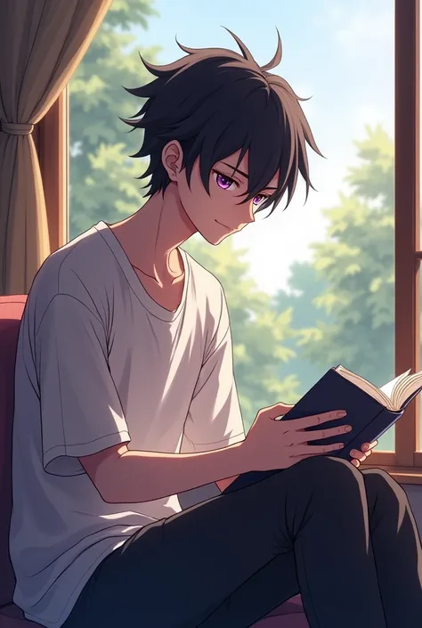 black hair and purple eyes medium chest light skin, anime guy reading by a window 