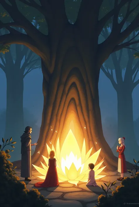 "Rin kneels before the glowing **Eternal Bloom**, the radiant flower at the base of the ancient tree. Its light reflects on her face as she gazes into the petals. Sage Magnolia watches from a distance, while Aki stands protectively beside Rin, ready for wh...