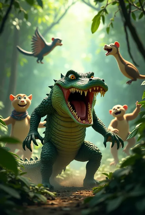 Snarl the crocodile, startled and shocked, stumbling backward into the bushes, retreating in fear. Tiko stands strong in the foreground, while the jungle animals cheer for him in the background. The jungle feels alive and full of energy after Tiko’s brave ...