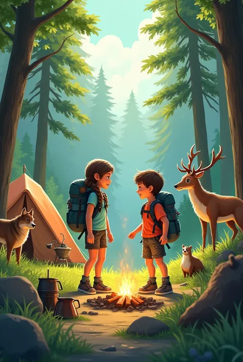 Hiker kids girl and boy and animals of forest (wolf and deer and bear) camping in sunny forest eating food 

