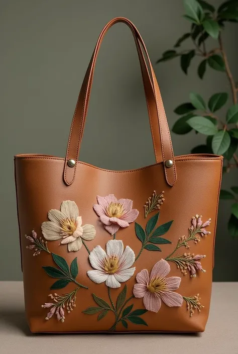 A large women&#39;s bag, with flower embroidery, of earth tones, for the fashion brand NEKANE.