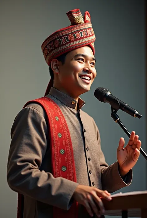 A Nepali young man aged around 30 years wearing Nepali topi, talking in front of a mike