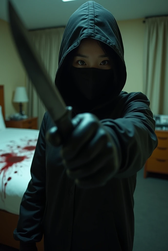 korean girl, (behind stiff, black balaclava mask), holding knife, stabbing, black leather gloves, hotel room, lesbian, bloody raincoat, hood up, holding knife, leather gloves, behind cadaver, looking at viewer, blood splatter, night, mass murderer, killer,...