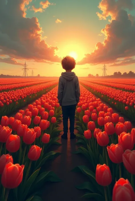 Imagine a small boy standing in the heart of a vast tulip farm. His face is obscured by the setting sun, casting long shadows across his features. He is looking up at the sky, his gaze fixed on the fading light. He is a boy who has lost faith in the world,...