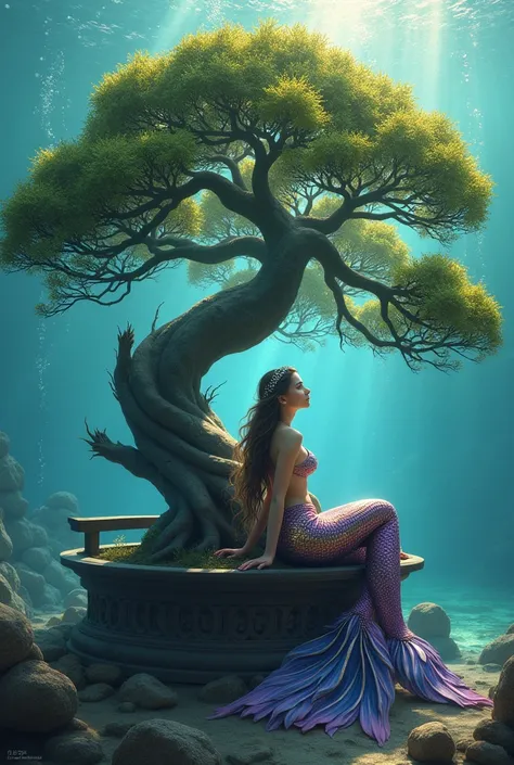 generate a stunning, huge bonsai tree with a beautiful, shimmering purple, gold, and white mermaid sitting on a bench nestled in the branches of the bonsai, surrounded by bubbles underwater.