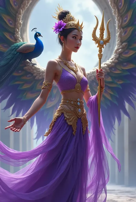 A woman in a purple dancers outfit, a golden sarong, a Thai-style crown, a purple flower adorned her left ear, a golden chakra in her left hand, a diamond trident in her right hand, and a peacock on her back..