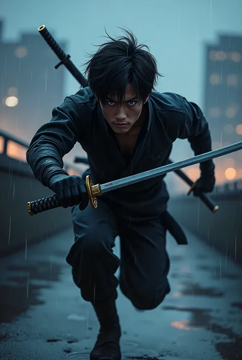 1man, adult, Masterpiece, Best Quality, High Resolution, Japanese, ninja, black uniform, Short Hair, Black Hair, Side Swept Bangs, Purple Eyes, Cowboy Shot, Dutch Angle, using dual katana blades, rooftop, ledge, running towards viewer, skyline, rain, night...