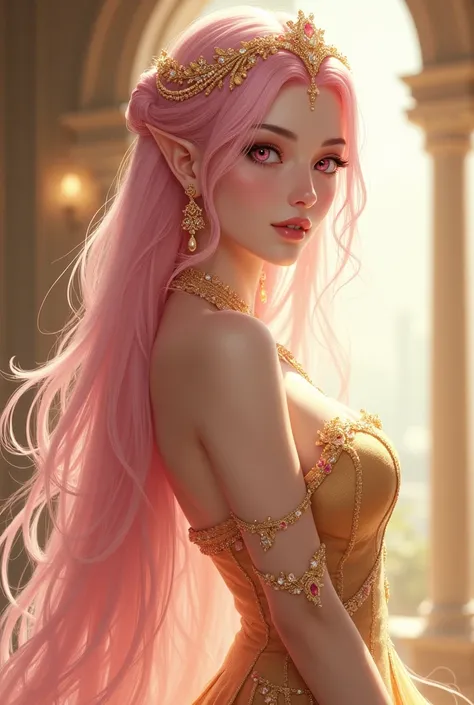 anime, women,manga, Beautiful Elf, White skin, long pink eyes and hair, wear gold colored dress, She is a princess and must look like a member of high society., gentle face, with a tiara