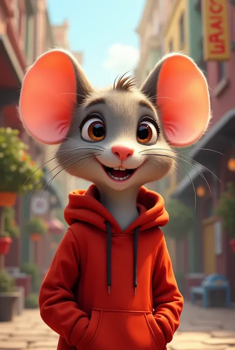 Furry tall Mouse cartoon, with a red hoody 