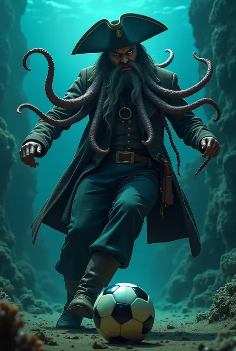 Davy jones, pirates of the Caribbean, A pirate wearing a pirate hat and suit, with an octopus tentacle beard, slimy and moving tentacles, is kicking a soccer ball under the sea, Dark seabed background with corals around, realistic, 