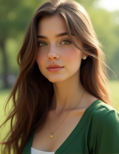 
 **Portrait of a woman**:
   "A realistic portrait of a young woman with long, wavy brown hair. She is wearing a green top, and stands in front of a soft, blurred background, in a park. Her facial expression is gentle and thoughtful.. The same pretty girl