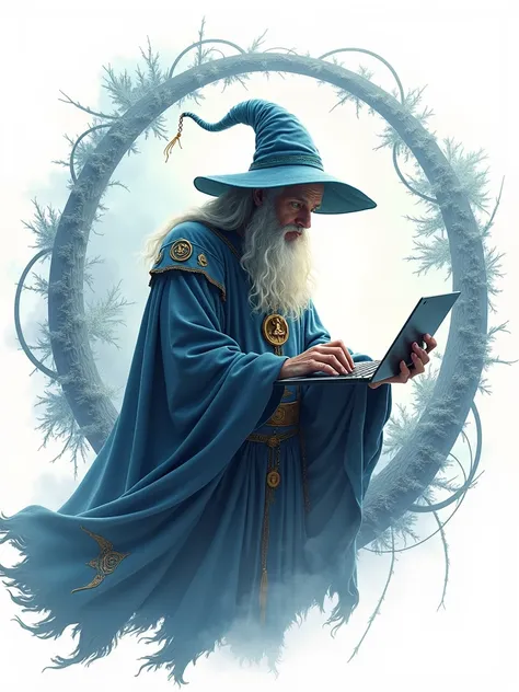 A wizard who is coding with white background and full rounded logo image