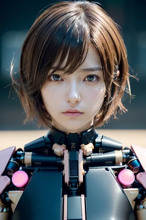 (((masterpiece))), ((photo realistic:1.3)), (Japanese Girl), ((realistic skin)), no makeup, ((broad jawline)), puffy face, ((light brown hair)), (((messy hair))), (Short Bob Cut), cyber punk, (android), ((Black mechanical joints are exposed.:1.3)), Exposed...