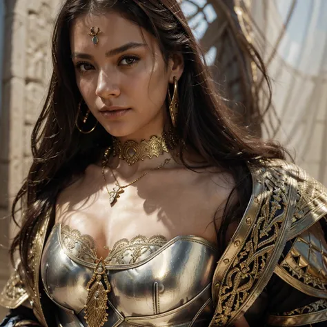 dark and loose hair, intricate armor with detailed patterns, large gold pendant necklace, matching choker, hoop earrings, natural lighting, soft shadows, concentrated environment, close-up angle, sharp focus, blurred background, well balanced exposition.