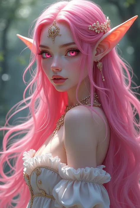 He is of the elven and giant race, therefore he is very big., She has long pink hair and pink eyes too, Her skin is white, She is a very beautiful elf woman, She is a princess therefore she looks well groomed. will be style, anime, manga, drawing 