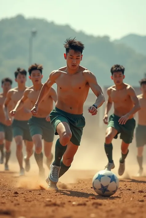 Korean men are playing soccer in the military, taking off their shirts and wearing only military underwear.