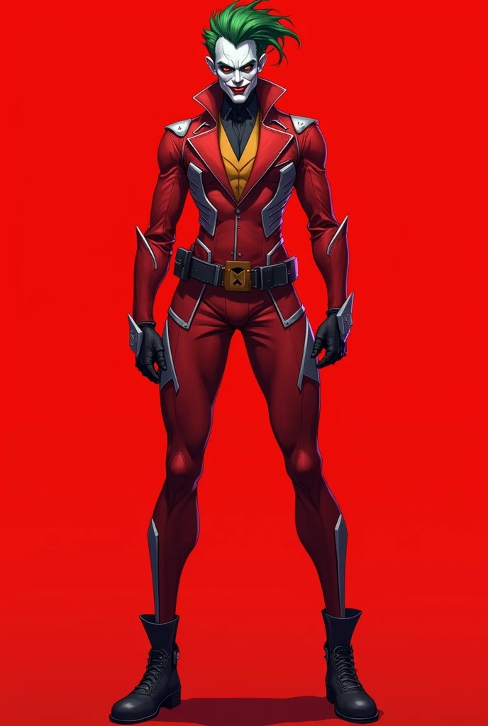 Illustrate a full body from head to feet joker in a futuristic outfit with red and silver elements, featuring sharp, clean lines. The joker should have an energetic, confident look. The background should be a vivid, clear red.