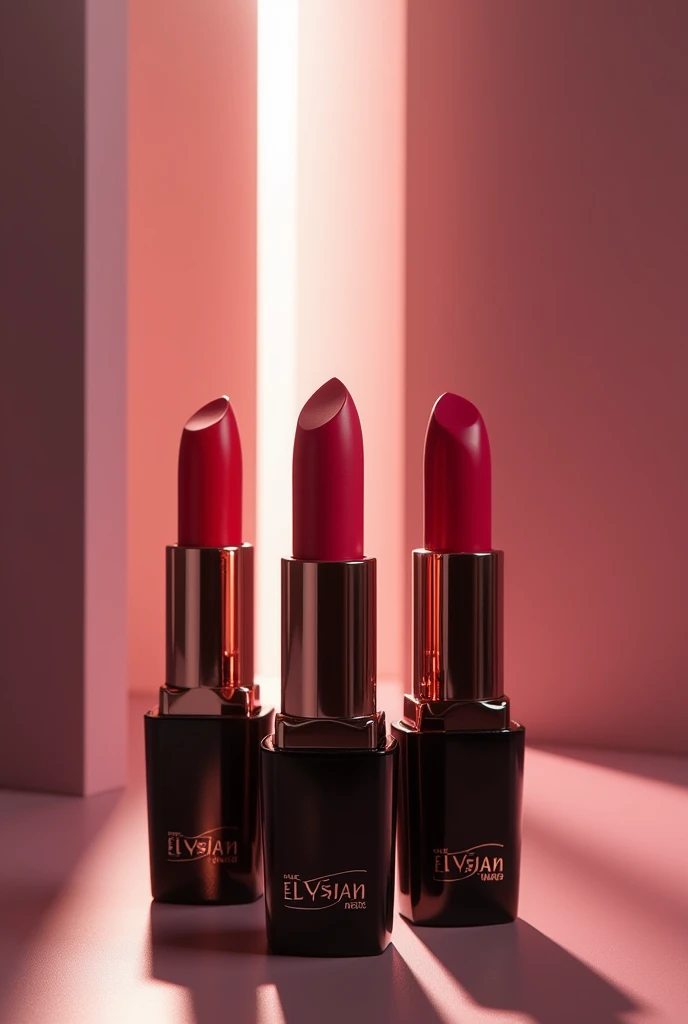 make me lipsticks with "elysian" label on it, in a background studio and make it luxury and elegant and in 3  different colour.