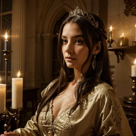 Elegant and serene, She is dressed in intricate medieval armor adorned with ornate patterns and details... Her long hair is partially gathered up., crowned with a royal tiara. Her outfit is complemented by a delicate pair of dangling earrings.., and she fi...