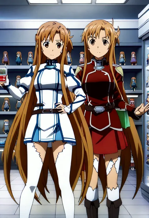 (((asuna, anime art style, long_hair, skirt, brown_hair, brown_eyes, very_long_hair, belt))),(((2+ girls, Shopping at the shopping center))) ,depth of firld, cinematic, game cg, anime screencap, official art, masterpiece, best quality,  (((cloned face)))
(...