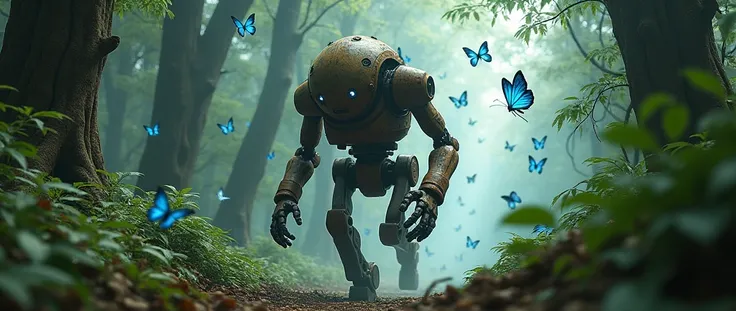 (3D photo), a dark forest, large trees, a old robot running through, 
a flock of thousand cyan butterflies fly from his steps, view from behind.