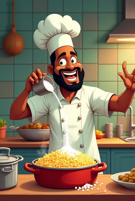 [Cartoonic scene: Chike, the Nigerian chef retaliates by adding an ridiculous amount of salt to the jollof rice.]
