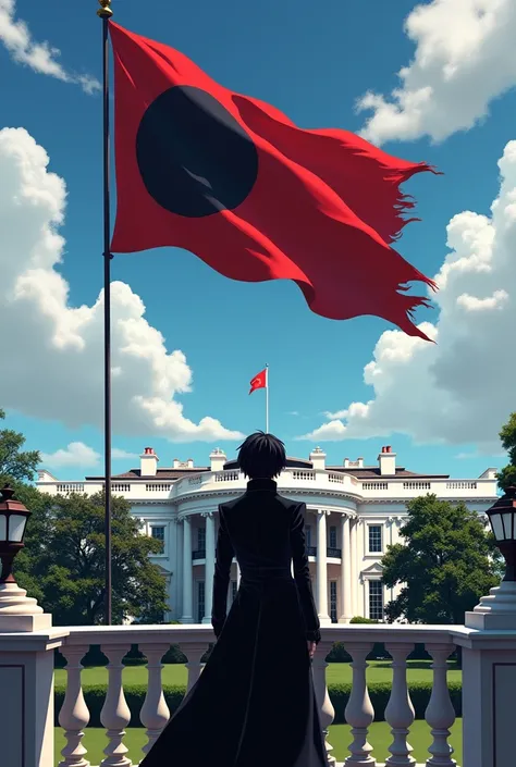 The white house in the background remodeled to imperial style and flag and also the flag on the top of the white house with a red background and black disk, just like the flag in the center,On the balcony there was a 1 boy who looked like Lelouch, dressed ...