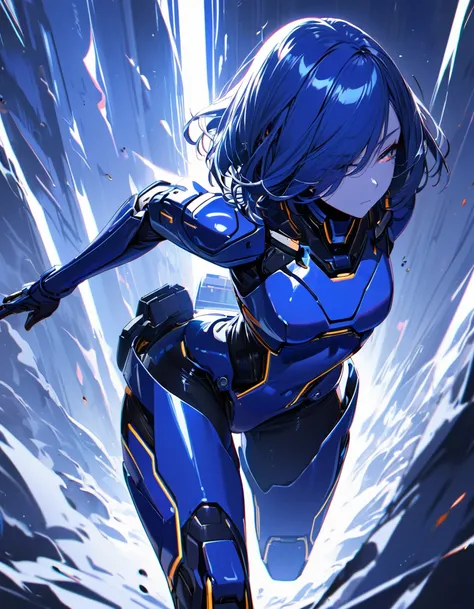 (masterpiece)、(absurdres)、(ultra detailed)、(8k),Anatomically correct,(Anime illustration:1.1)solo girl,Slender:1.1,shiny ultramarine hair,straight hair,short bobcut:1.1,ultramarine eyes,hair covering one eye:1.1,irisless eyes,mechanical suit,Sprint,running...