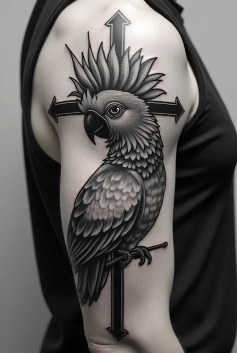 An arm，Black and white tattoo of a sunflower cockatoo and a cross on arm