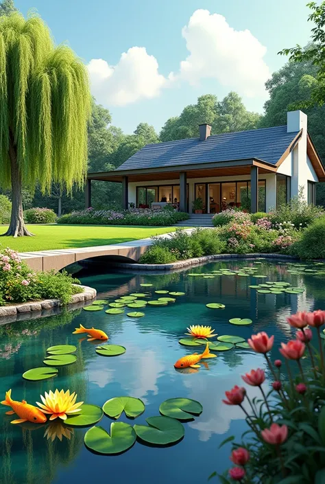 Create a big yard in which a beautiful house , a lake full of lily and golden fish, weeping willow near the lake, a little bridge, flower plants, pls lake, willow be near the hose, and various kinds of flowers, not animation, as a real, one floor modern ho...