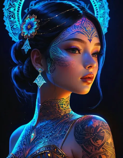 Princess with super detailed and super intricate face，Luminous tattoo，Complex geometry, Colorful blur, Evening Dresses，Abstract background。shadows and highlights，Subtle reflection，Attractive body，Black Light Art，Fluorescent Art，Glow in the dark art，Dark te...