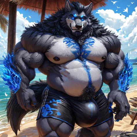 ((Best quality)), ((Masterpiece)), (Very detailed), ((4K)).

With muscle wolf，Shaggy في كل مكان，claw paws, Glowing blue eyes, Huge pictures, Nipples, Black fur, Muscular intestine, fat, Shaggy, very Shaggy, dilf, Black pants, blue claws, Blue Fireflies, ta...