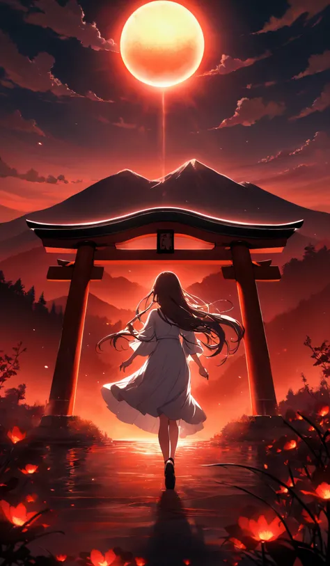 Japanese Anime style digital creation of a young girl in a white dress walking towards a torii gate at sunset. The sun is a large, glowing orb in the center of the sky, casting a warm glow over the scene. In the background, there are mountains and a river....