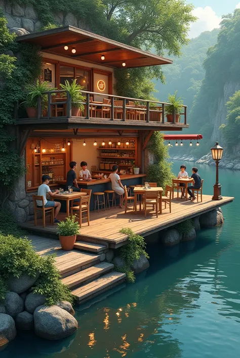 A coffee shop on river bank with three ahelves as stair and each shelf there are some camping chairs and table