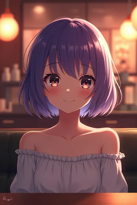 Anime adaptation,girl,inside the restaurant,violet hair,short hair,smiling,facing the camera,camera at the table,warm lighting,night,detailed