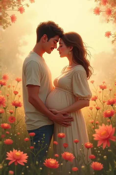 A pregnant woman and man standing hugging each other in a flower field
